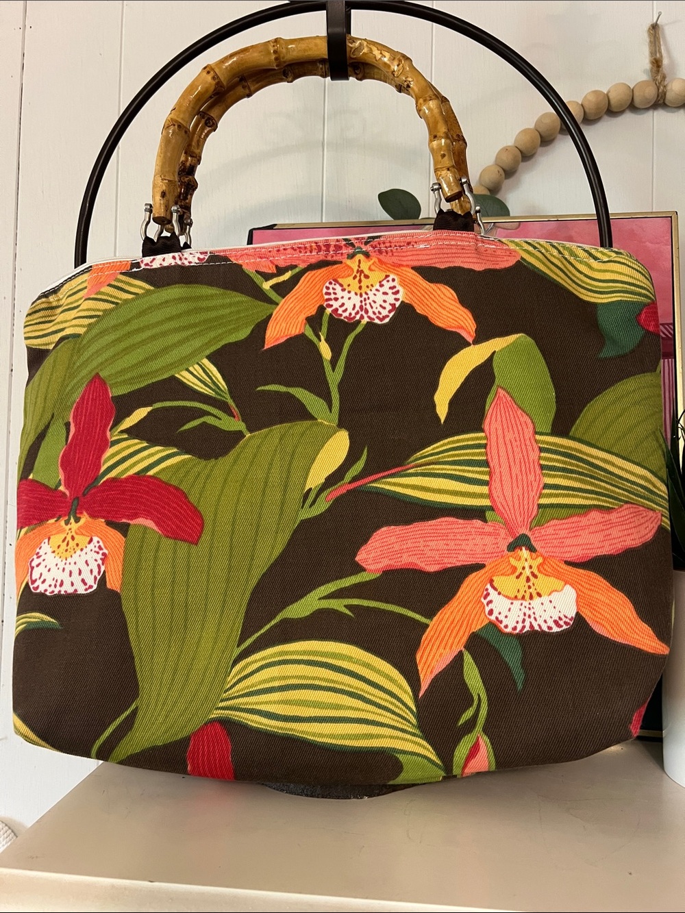 Floral Bamboo Handle Tote Bag in Brown and Coral